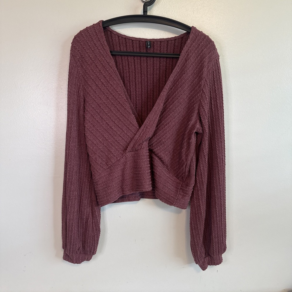 Zaful Y2K Wrap Bodice Long Sleeve Top Size XL Textured Cable Knit Crop V-Neck